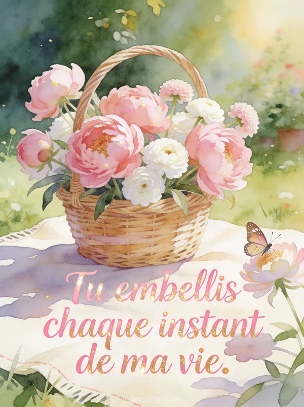 Panier en osier de pivoines roses et renoncules blanches sur nappe en lin dans un jardin avec papillon