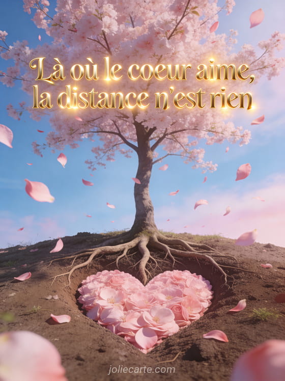 Illustration d'un arbre solitaire en fleurs printanières avec des pétales roses qui s'envolent et des racines formant un cœur sur fond de ciel bleu pastel avec le texte Là où le cœur aime la distance n'est rien