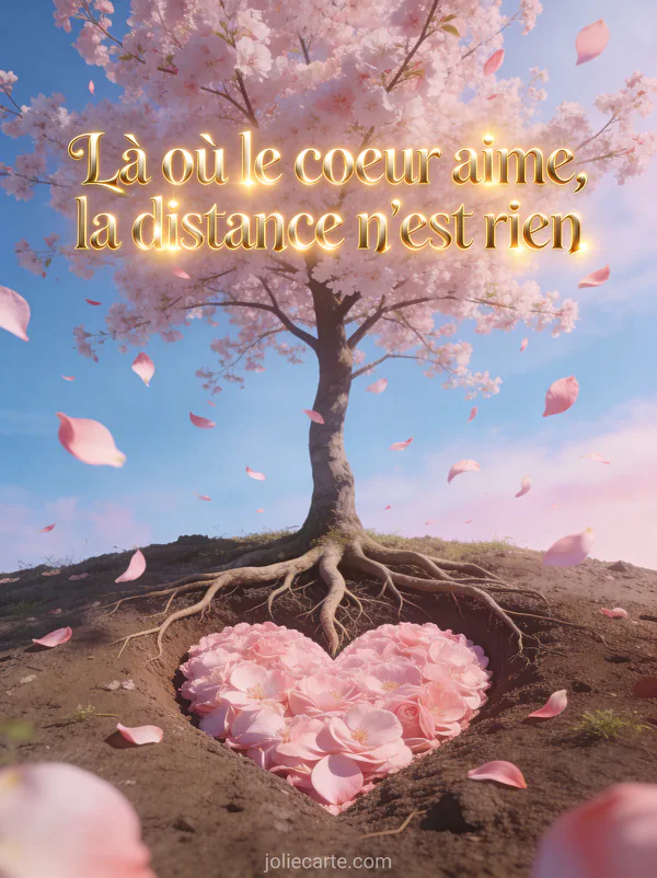Illustration d'un arbre solitaire en fleurs printanières avec des pétales roses qui s'envolent et des racines formant un cœur sur fond de ciel bleu pastel avec le texte Là où le cœur aime la distance n'est rien