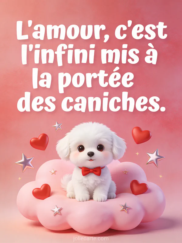 Adorable caniche blanc miniature avec nœud papillon rouge assis sur un nuage rose avec étoiles et cœurs