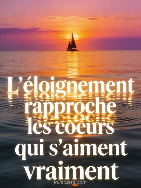 Coucher de soleil flamboyant sur la mer avec la silhouette d'un voilier à l'horizon et des reflets dorés sur l'eau calme avec le texte L'éloignement rapproche les cœurs qui s'aiment vraiment