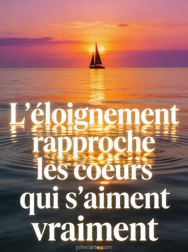 Coucher de soleil flamboyant sur la mer avec la silhouette d'un voilier à l'horizon et des reflets dorés sur l'eau calme avec le texte L'éloignement rapproche les cœurs qui s'aiment vraiment