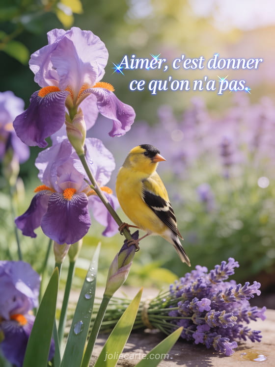 Chardonneret posé sur une branche d'iris violets dans un jardin avec lavande en lumière printanière