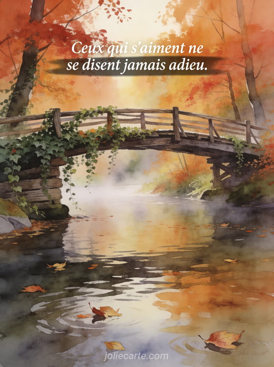 Pont de bois couvert de lierre traversant une rivière brumeuse en automne avec feuilles mortes flottantes