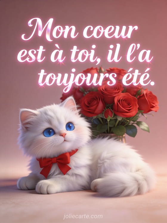 Chat blanc persan aux yeux bleus avec nœud rouge posé à côté d'un bouquet de roses rouges
