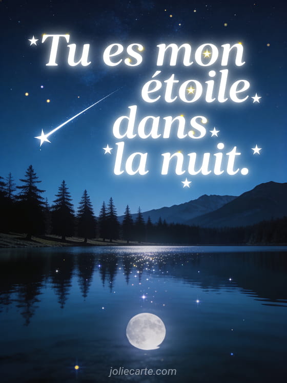 Ciel nocturne étoilé au-dessus d'un lac de montagne avec étoile filante et reflets dans l'eau calme