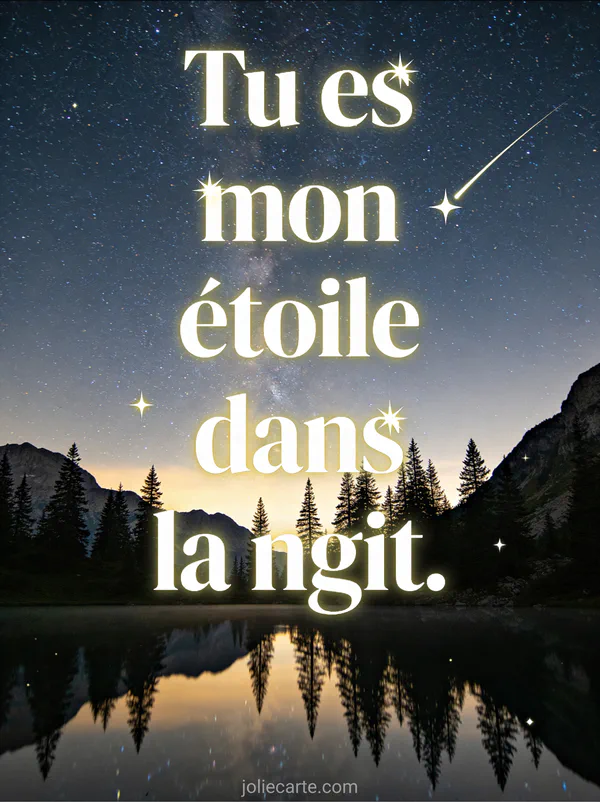Ciel nocturne étoilé au-dessus d'un lac de montagne avec étoile filante et reflets dans l'eau calme