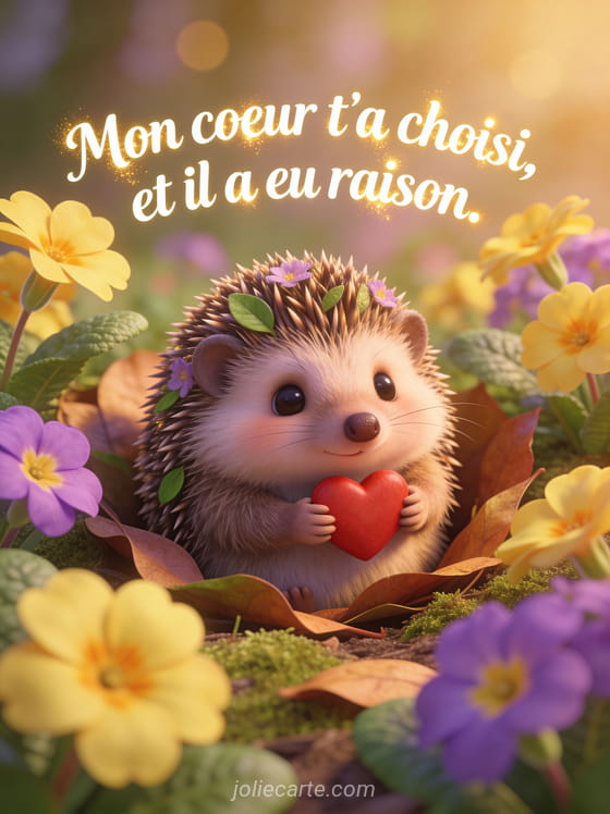 Petit hérisson mignon tenant un cœur rouge entre ses pattes dans un nid de feuilles avec primevères