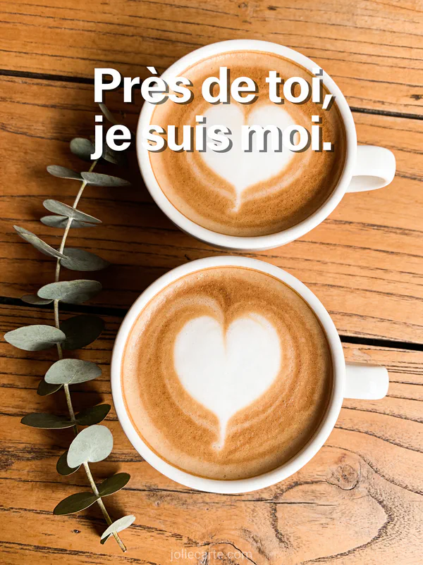 Deux tasses de café vues du dessus avec mousse en cœur sur table en bois rustique avec eucalyptus