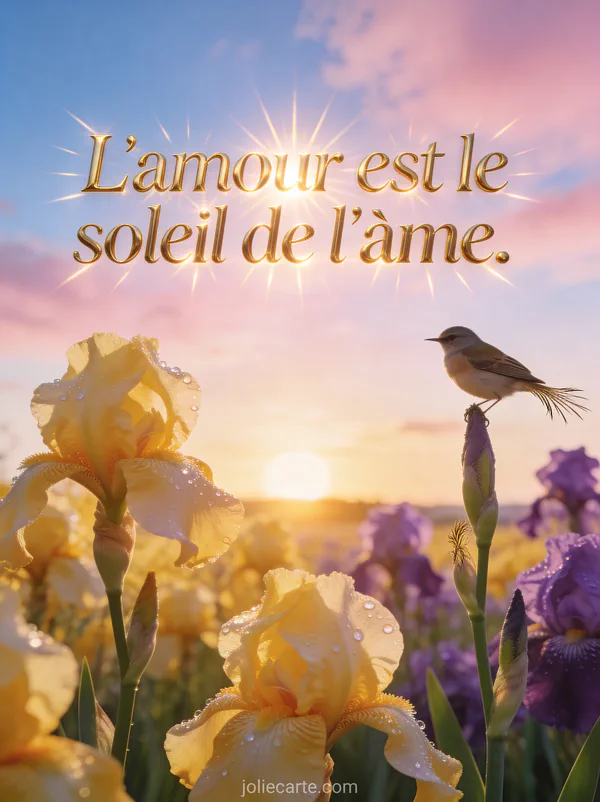 Lever de soleil radieux sur un champ d'iris jaunes et violets avec rosée scintillante et petit oiseau