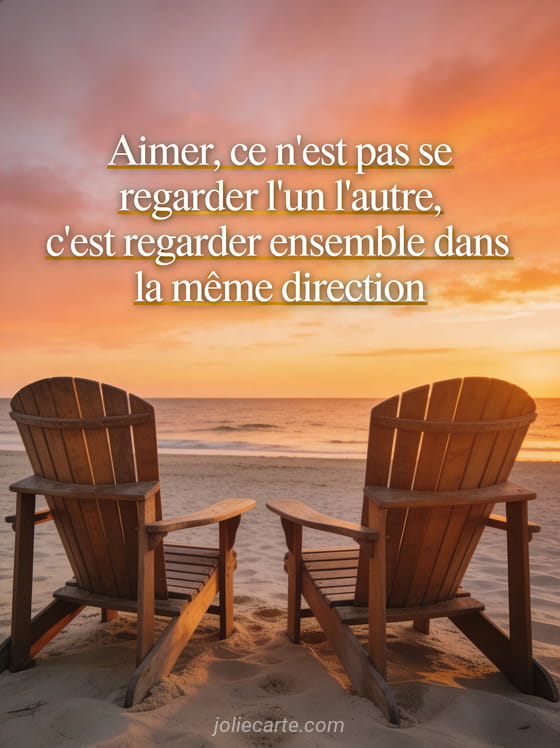 Deux chaises en bois côte à côte face à la mer au coucher du soleil avec le texte Aimer ce n'est pas se regarder