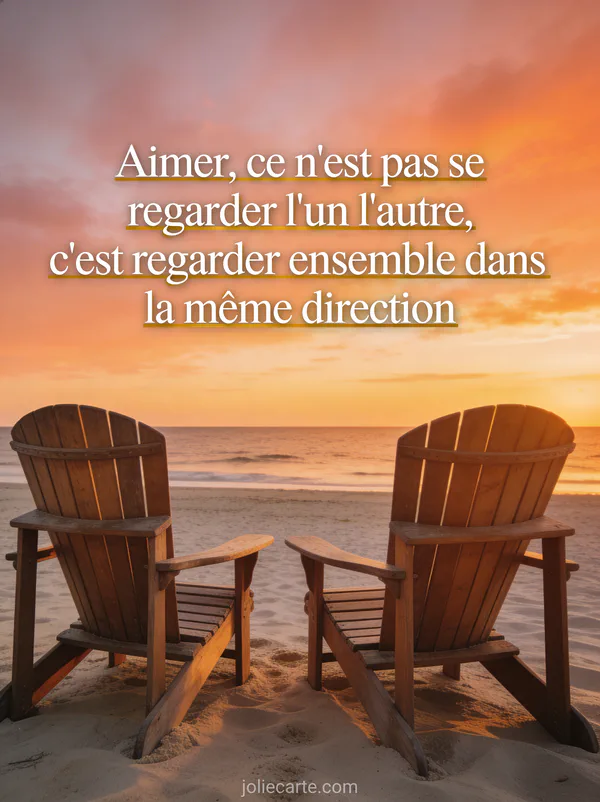 Deux chaises en bois côte à côte face à la mer au coucher du soleil avec le texte Aimer ce n'est pas se regarder