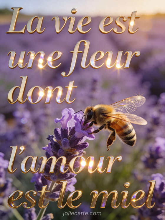 Abeille butinant une fleur de lavande en gros plan avec champ de lavande en arrière-plan et le texte La vie est une fleur