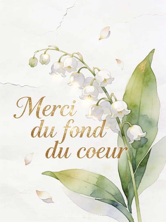 Brin de muguet peint à l'aquarelle avec clochettes blanches et feuilles vertes sur fond blanc texturé avec le texte doré Merci du fond du coeur