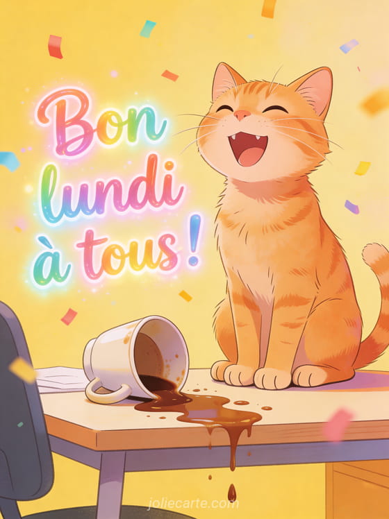 Chat roux rigolant assis sur un bureau avec une tasse de café renversée et des confettis colorés avec le texte Bon lundi à tous