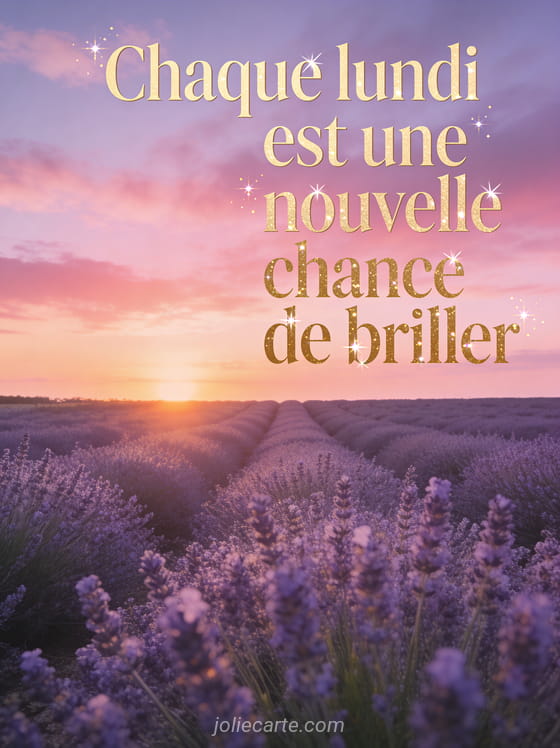Champ de lavande au coucher du soleil avec un ciel rose et doré et le texte Chaque lundi est une nouvelle chance de briller
