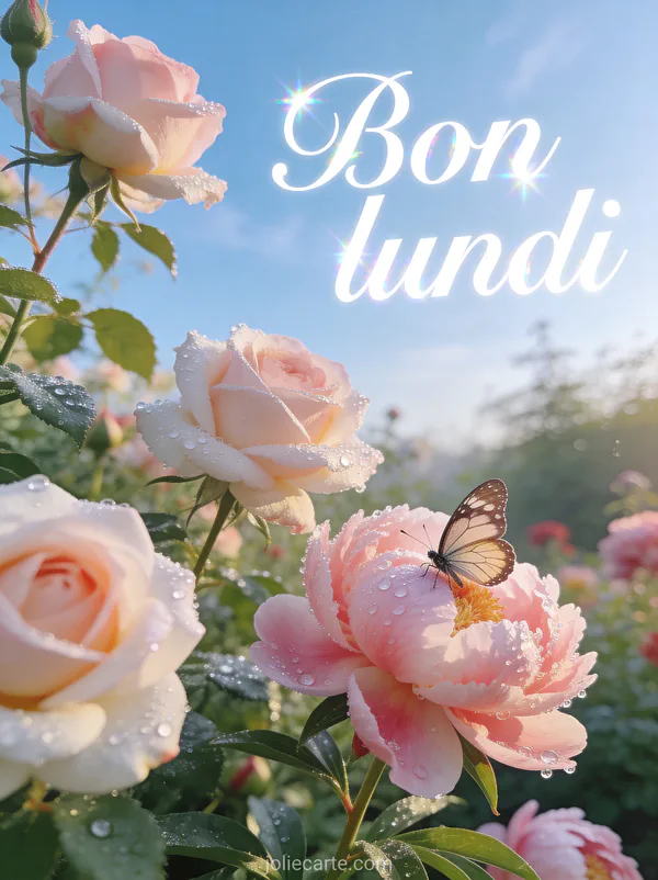 Roses roses couvertes de gouttes de rosée dans un jardin ensoleillé avec un papillon posé sur une pivoine et le texte Bon lundi