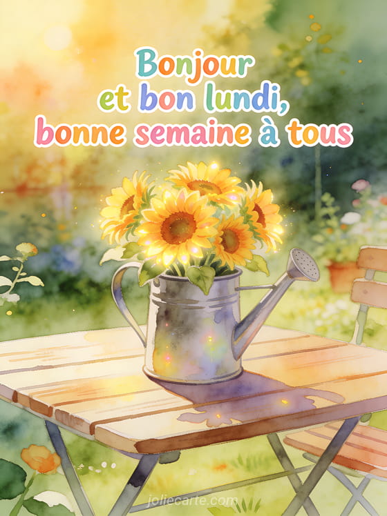 Bouquet de tournesols dans un arrosoir en métal posé sur une table de jardin ensoleillée avec le texte Bonjour et bon lundi bonne semaine à tous