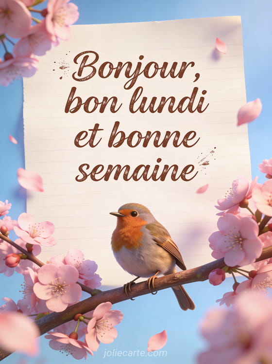 Oiseau rouge-gorge perché sur une branche de cerisier en fleurs roses avec un ciel bleu et le texte Bonjour bon lundi et bonne semaine