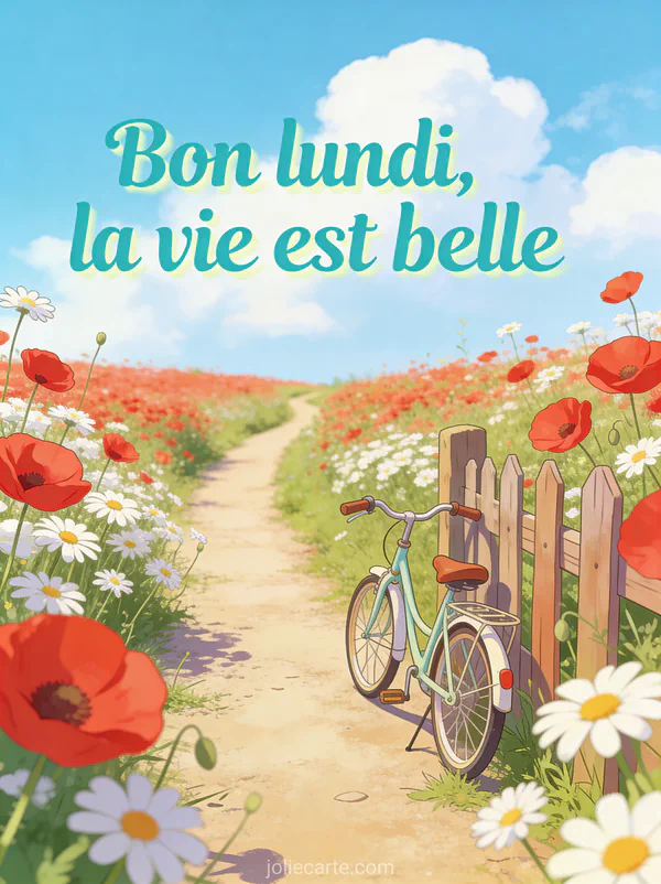 Chemin de terre bordé de coquelicots rouges et de marguerites avec un vélo appuyé contre une clôture en bois et le texte Bon lundi la vie est belle
