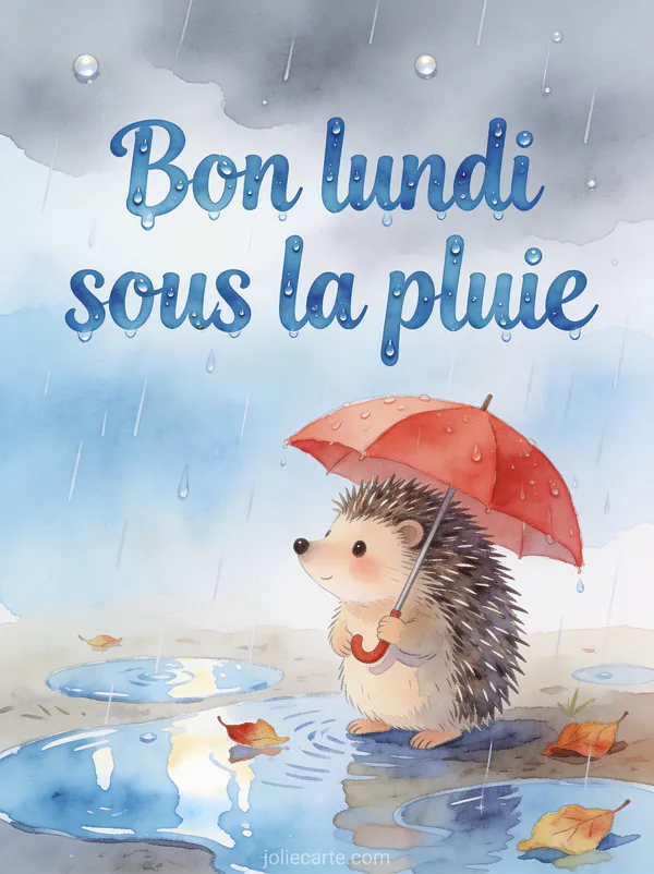 Petit hérisson tenant un parapluie rouge sous la pluie avec des flaques d'eau et des feuilles d'automne avec le texte Bon lundi sous la pluie