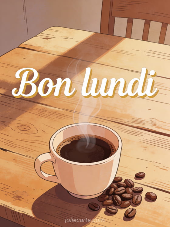 Tasse de café fumant posée sur une table en bois rustique avec des grains de café éparpillés et le texte Bon lundi