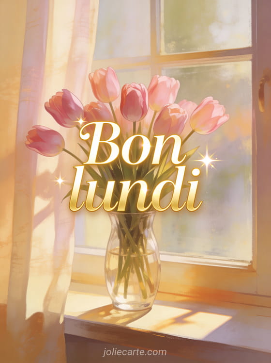 Bouquet de tulipes roses dans un vase en verre sur un rebord de fenêtre avec soleil matinal et le texte Bon lundi