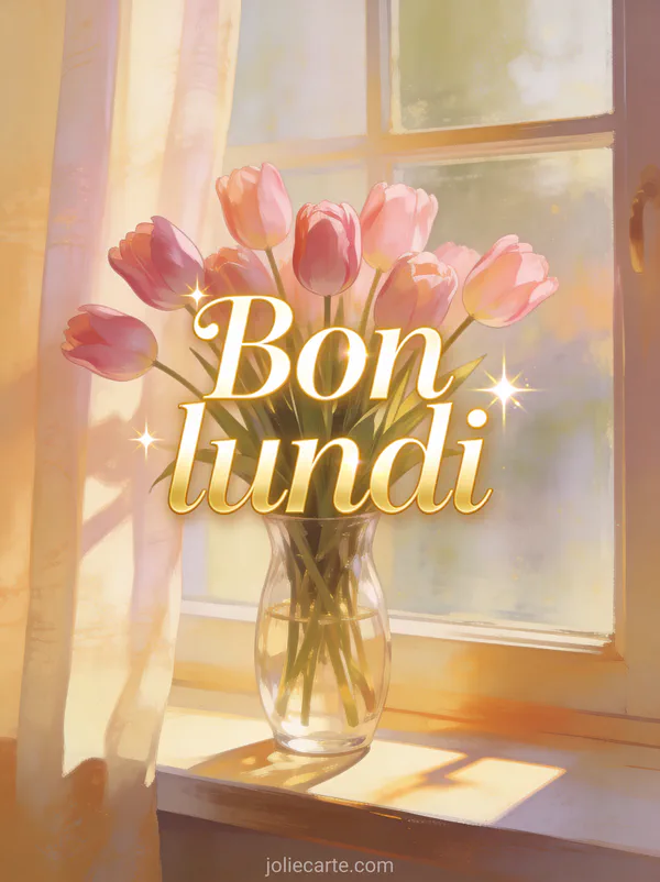 Bouquet de tulipes roses dans un vase en verre sur un rebord de fenêtre avec soleil matinal et le texte Bon lundi