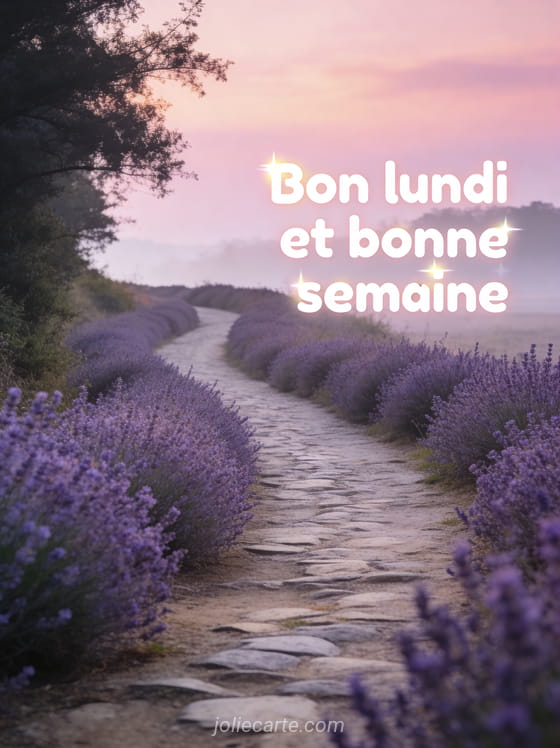 Chemin de campagne bordé de lavande sous un ciel matinal rosé avec le texte Bon lundi et bonne semaine