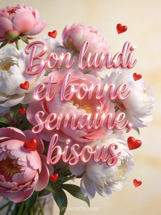 Bouquet de pivoines roses et blanches avec des petits coeurs rouges flottants et le texte Bon lundi et bonne semaine bisous