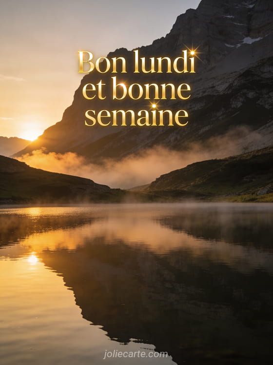 Paysage de montagne au lever du soleil avec un lac miroir et brume légère avec le texte Bon lundi et bonne semaine