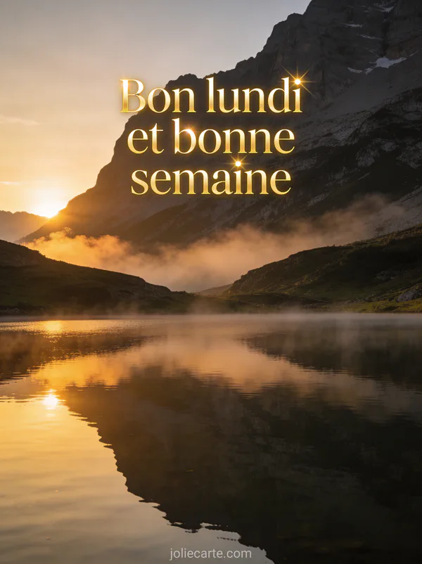 Paysage de montagne au lever du soleil avec un lac miroir et brume légère avec le texte Bon lundi et bonne semaine