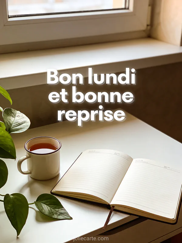 Bureau cosy avec une tasse de thé, un carnet ouvert et une plante verte baigné de lumière naturelle avec le texte Bon lundi et bonne reprise