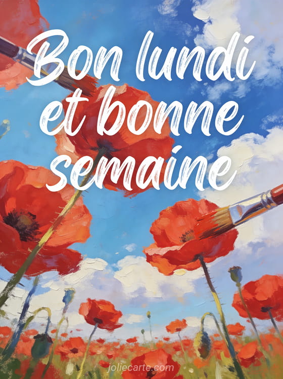 Champ de coquelicots rouges sous un grand ciel bleu style peinture impressionniste avec le texte Bon lundi et bonne semaine
