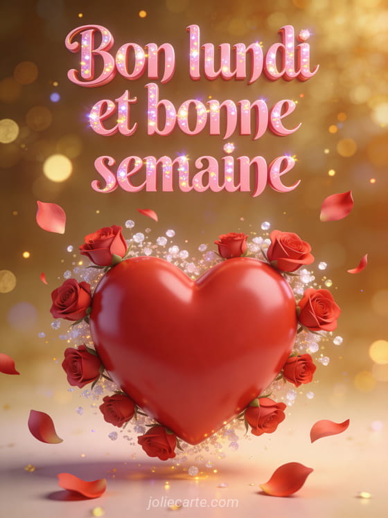 Grand coeur rouge en 3D entouré de petites roses rouges et de pétales volants sur fond bokeh doré avec le texte Bon lundi et bonne semaine