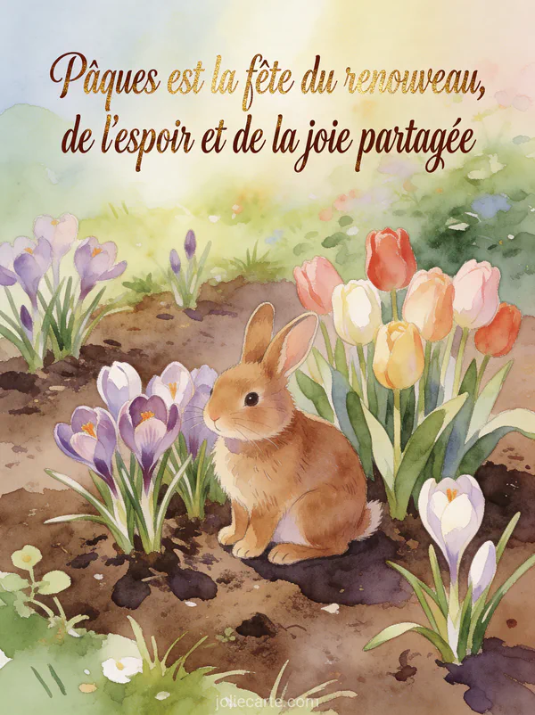 Illustration aquarelle d'un jardin printanier avec crocus et tulipes, petit lapin brun parmi les fleurs, texte citation de Pâques en lettres cursives