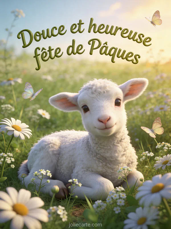 Illustration 3D d'un petit agneau blanc couché dans un pré fleuri de marguerites et pâquerettes avec papillons, texte de Pâques en lettres manuscrites