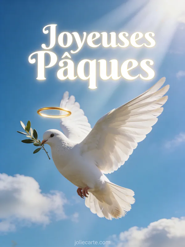 Photo réaliste d'une colombe blanche en vol ailes déployées portant un rameau d'olivier sous des rayons de soleil, texte Joyeuses Pâques en lettres blanches lumineuses