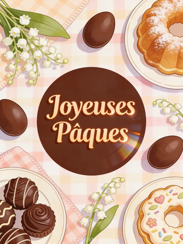 Illustration d'une table de fête de Pâques vue du dessus avec œufs en chocolat, petits gâteaux décorés, brins de muguet et nappe à carreaux pastel, texte Joyeuses Pâques