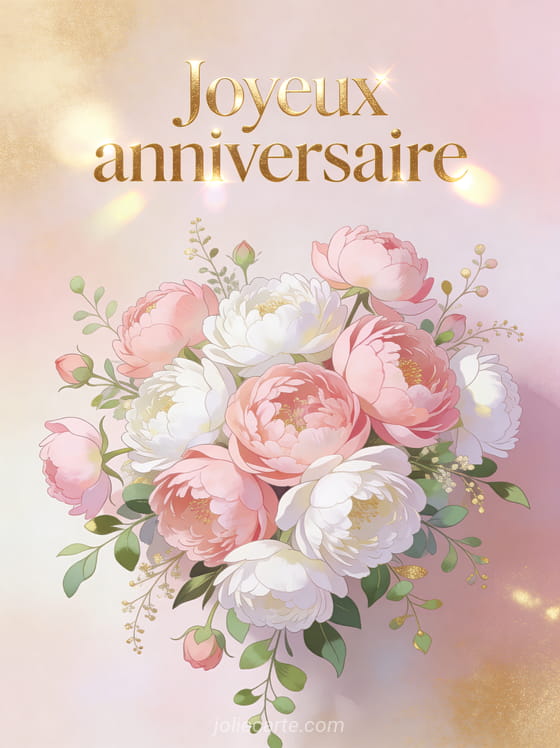 Texte Joyeux anniversaire en lettres dorées élégantes avec un somptueux bouquet de pivoines roses et blanches sur fond pastel