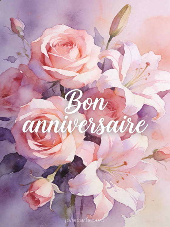 Texte Bon anniversaire en calligraphie blanche sur fond aquarelle floral avec des roses et des lys rose poudré et lavande