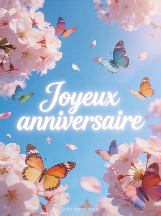 Texte Joyeux anniversaire en lettres cursives blanches lumineuses avec des papillons colorés et des fleurs de cerisier sur fond bleu ciel