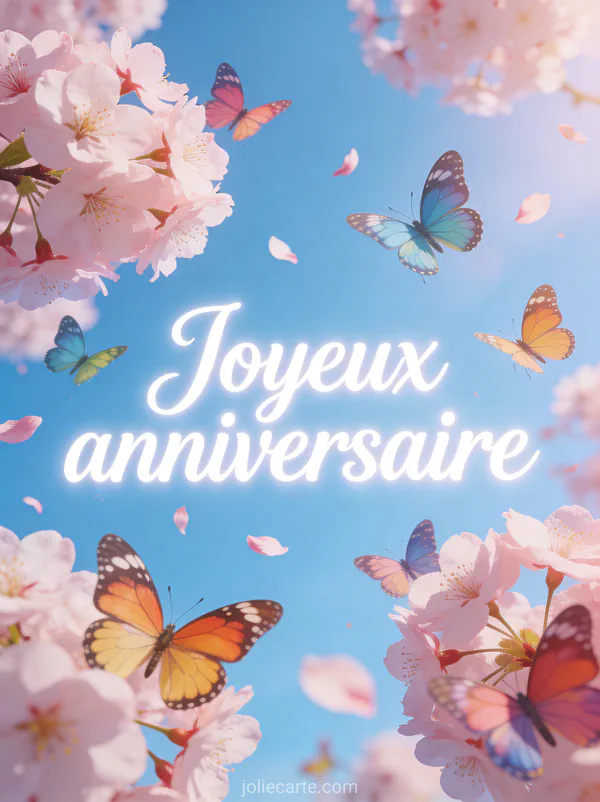Texte Joyeux anniversaire en lettres cursives blanches lumineuses avec des papillons colorés et des fleurs de cerisier sur fond bleu ciel
