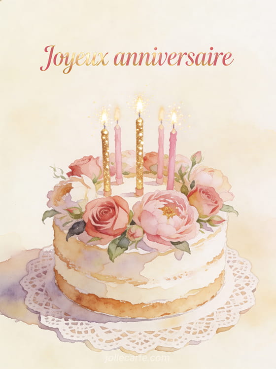 Texte Joyeux anniversaire en lettres rose gold sur fond crème avec un gâteau décoré de fleurs fraîches et de bougies scintillantes
