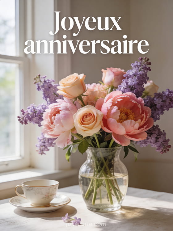 Texte Joyeux anniversaire en lettres blanches avec un arrangement floral de roses pivoines et lilas dans un vase en verre en lumière naturelle