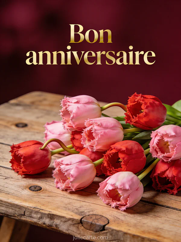Texte Bon anniversaire en lettres dorées sur fond bordeaux avec un bouquet de tulipes roses et rouges sur une table en bois rustique