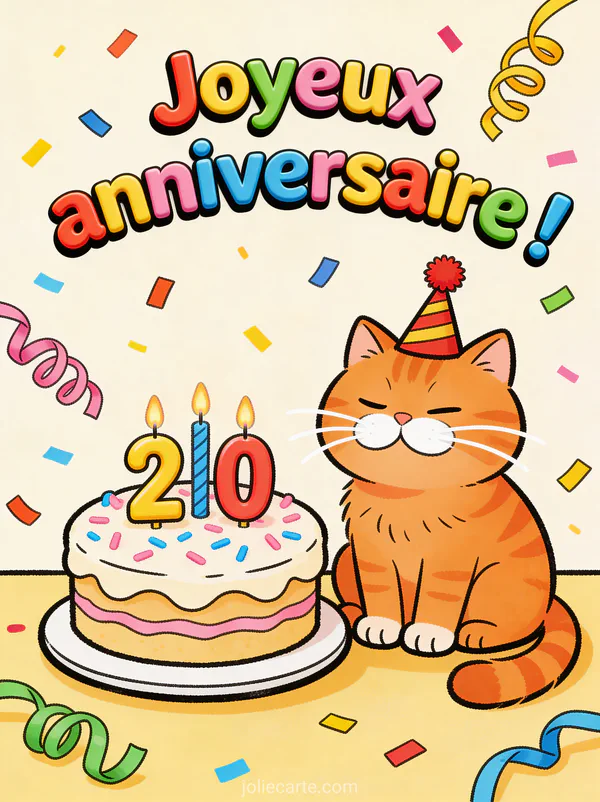 Texte Joyeux anniversaire en lettres colorées avec un chat roux portant un chapeau de fête à côté d'un gâteau avec confettis et serpentins