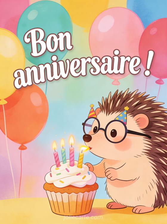 Texte Bon anniversaire en lettres fantaisie blanches avec un hérisson portant des lunettes de fête soufflant des bougies sur un cupcake