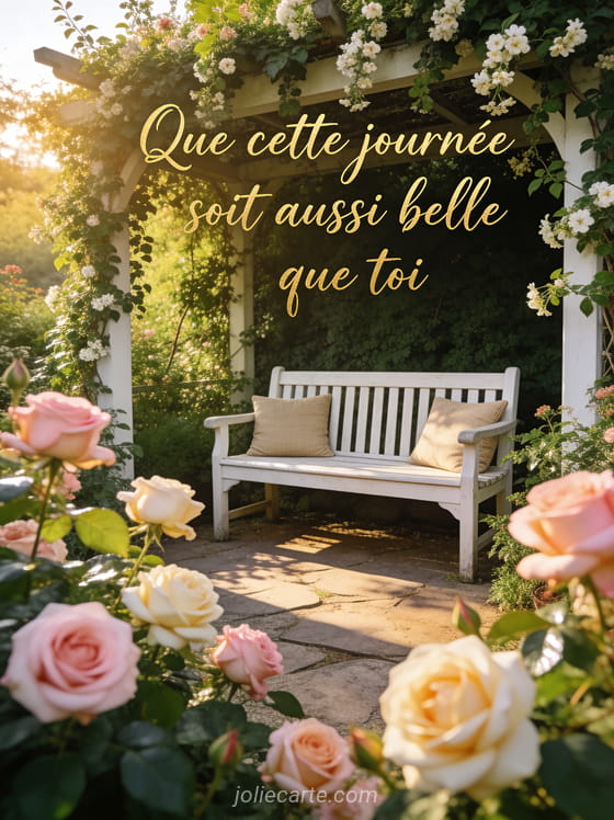 Texte Que cette journée soit aussi belle que toi en calligraphie dorée dans un jardin anglais avec des roses et un banc sous une tonnelle fleurie