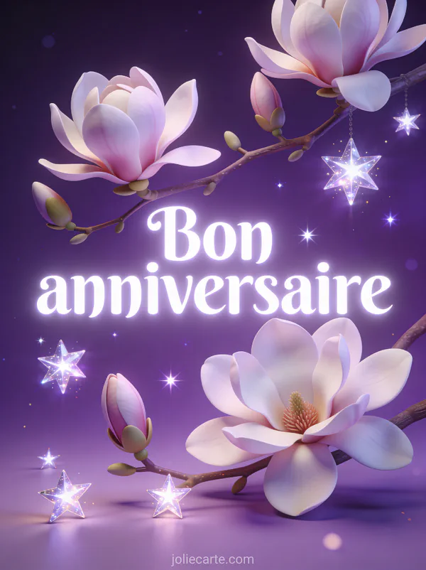 Texte Bon anniversaire en lettres blanches lumineuses sur fond violet avec des étoiles scintillantes et des fleurs de magnolia en 3D